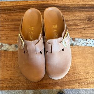 Papillio Tan Mules with Gold Buckle